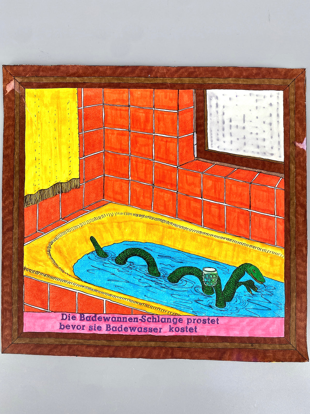 Die Badewannen-Schlange prostet! Skurrile Comic-Grafik, Filzstift
