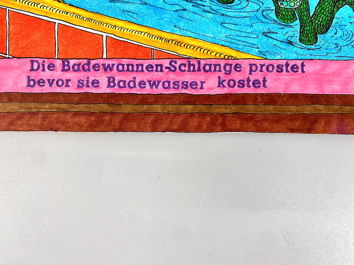 Die Badewannen-Schlange prostet! Skurrile Comic-Grafik, Filzstift