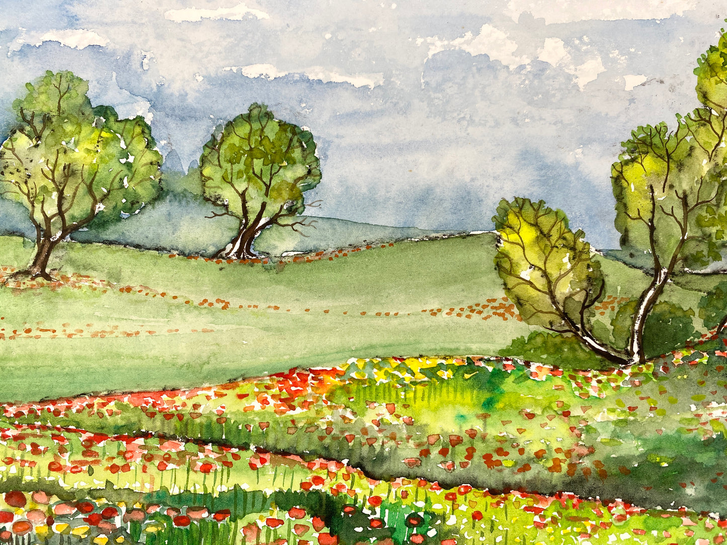 3x Aquarelle. A. Bethke, Blühender Frühling