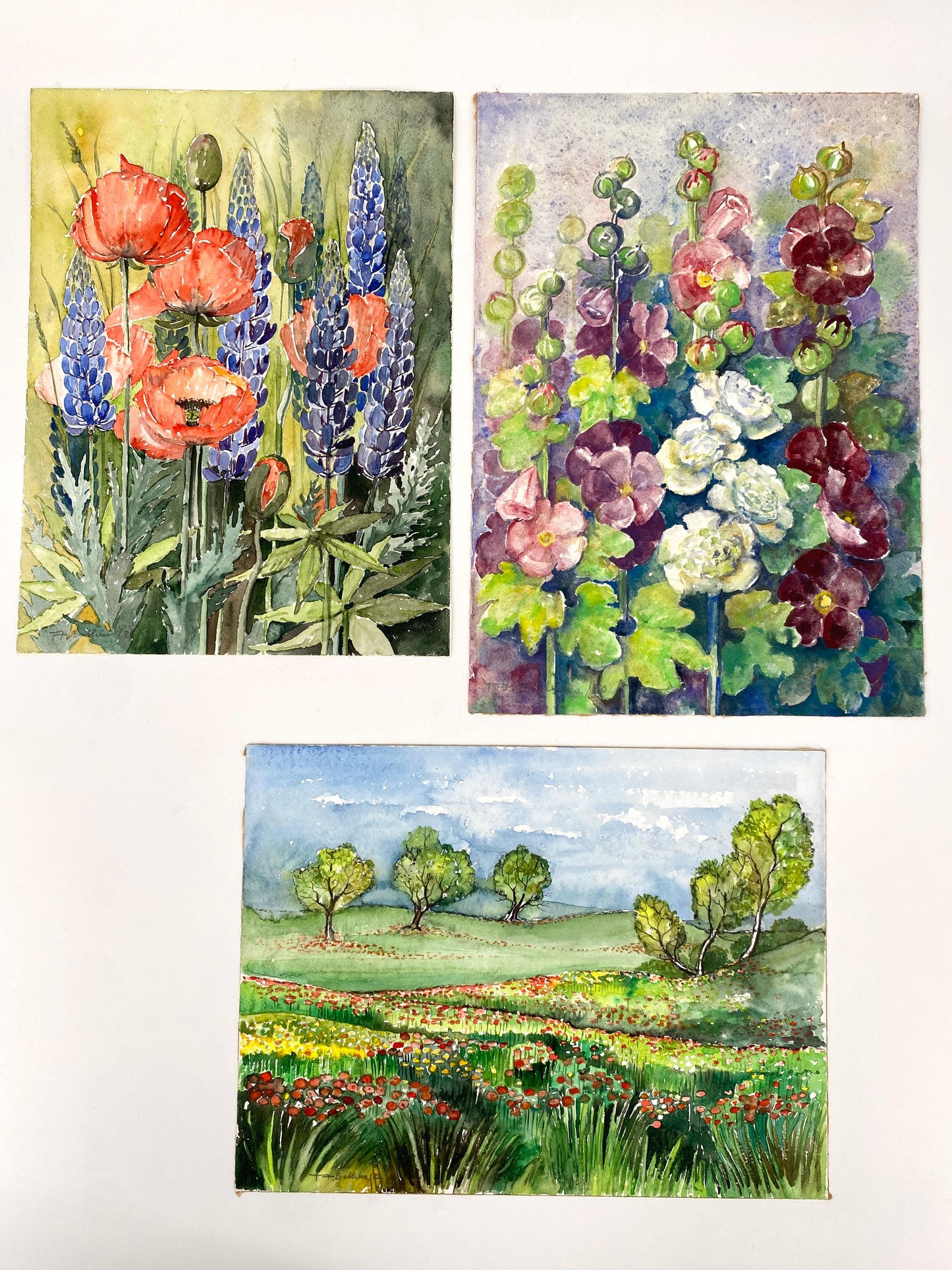 3x Aquarelle. A. Bethke, Blühender Frühling