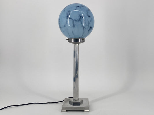 Art Deco Tischlampe aus Chrom und blauem Glas, 1920er