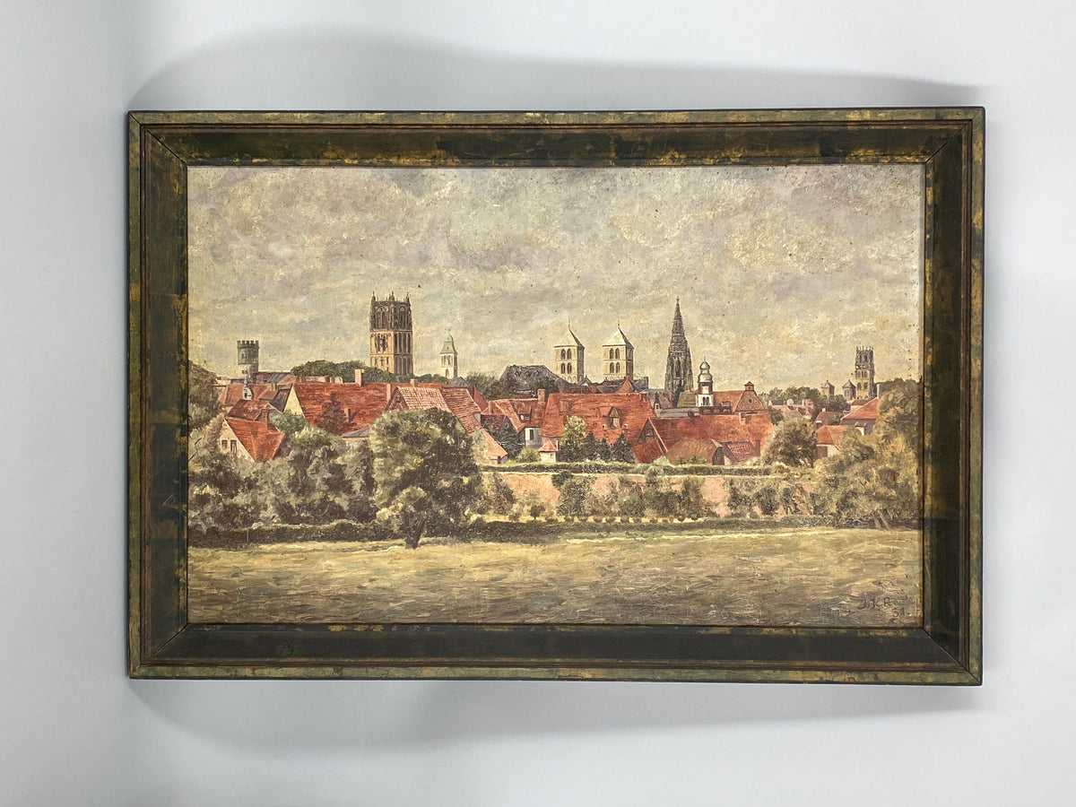 Signiertes Ölgemälde "Stadtansicht von Münster" auf Holztafel / Sperrholzplatte von unbekanntem Künstler, 1931