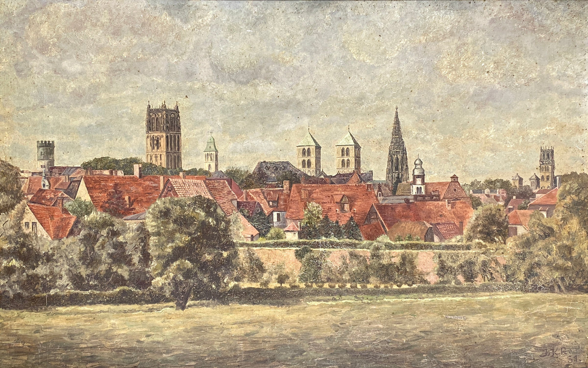 Signiertes Ölgemälde "Stadtansicht von Münster" auf Holztafel / Sperrholzplatte von unbekanntem Künstler, 1931
