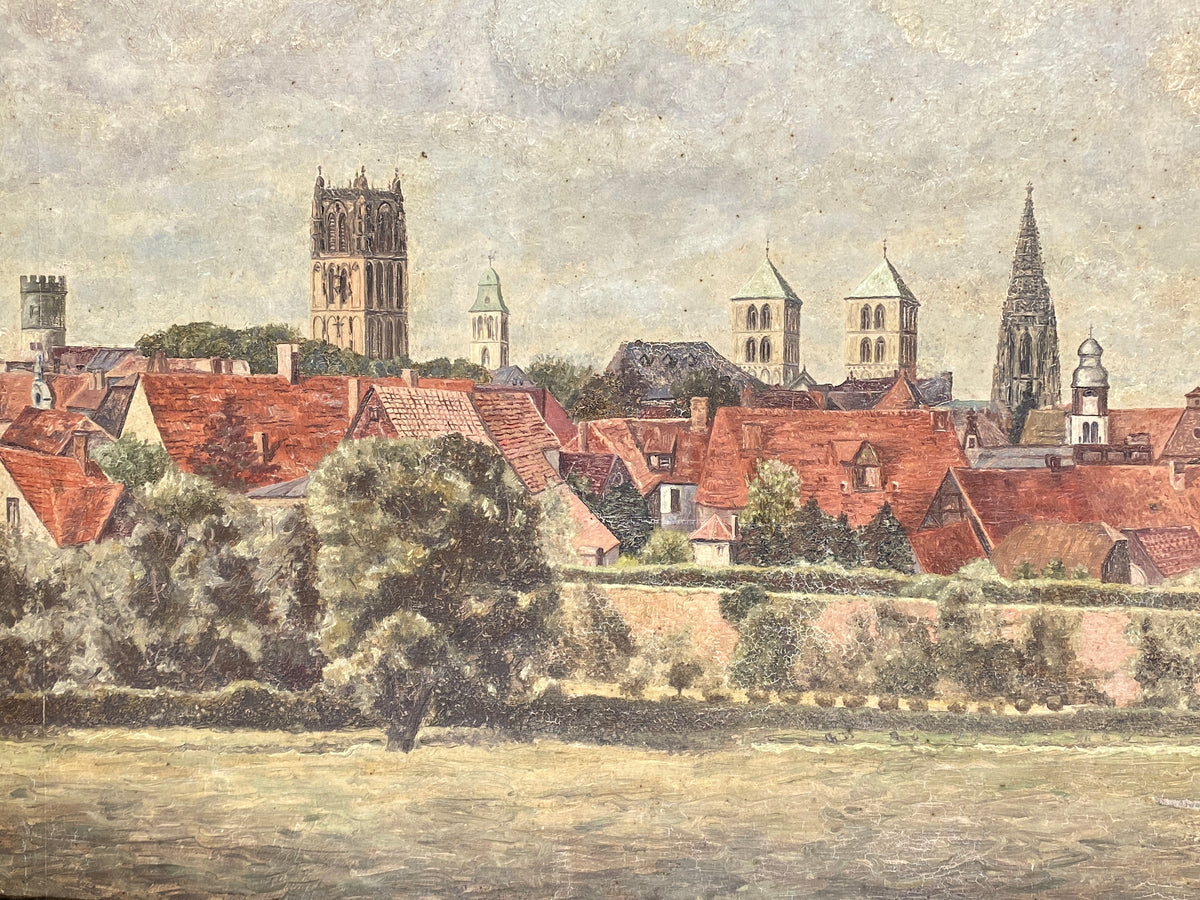 Signiertes Ölgemälde "Stadtansicht von Münster" auf Holztafel / Sperrholzplatte von unbekanntem Künstler, 1931