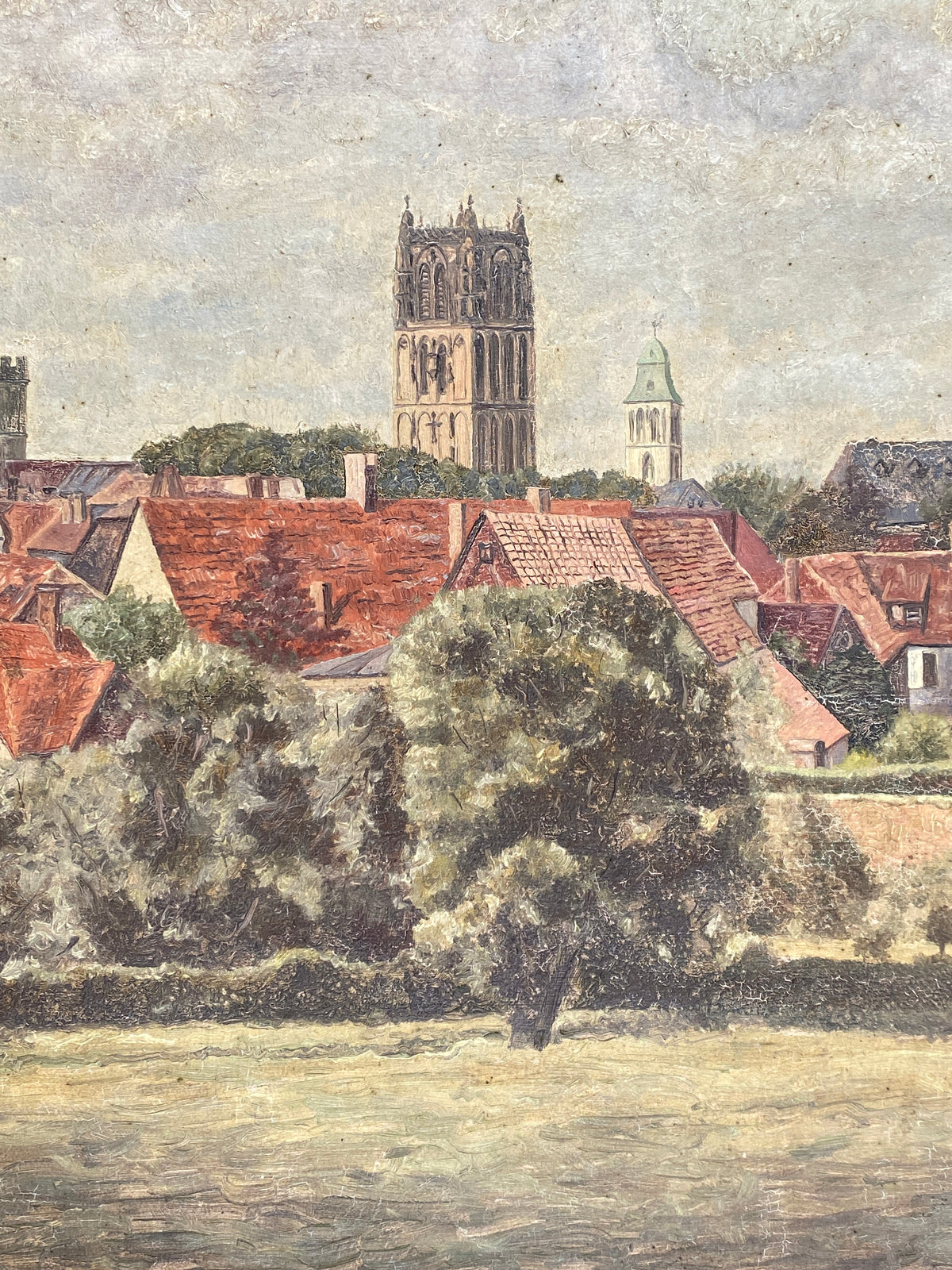 Signiertes Ölgemälde "Stadtansicht von Münster" auf Holztafel / Sperrholzplatte von unbekanntem Künstler, 1931