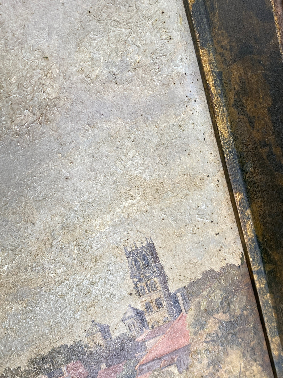Signiertes Ölgemälde "Stadtansicht von Münster" auf Holztafel / Sperrholzplatte von unbekanntem Künstler, 1931