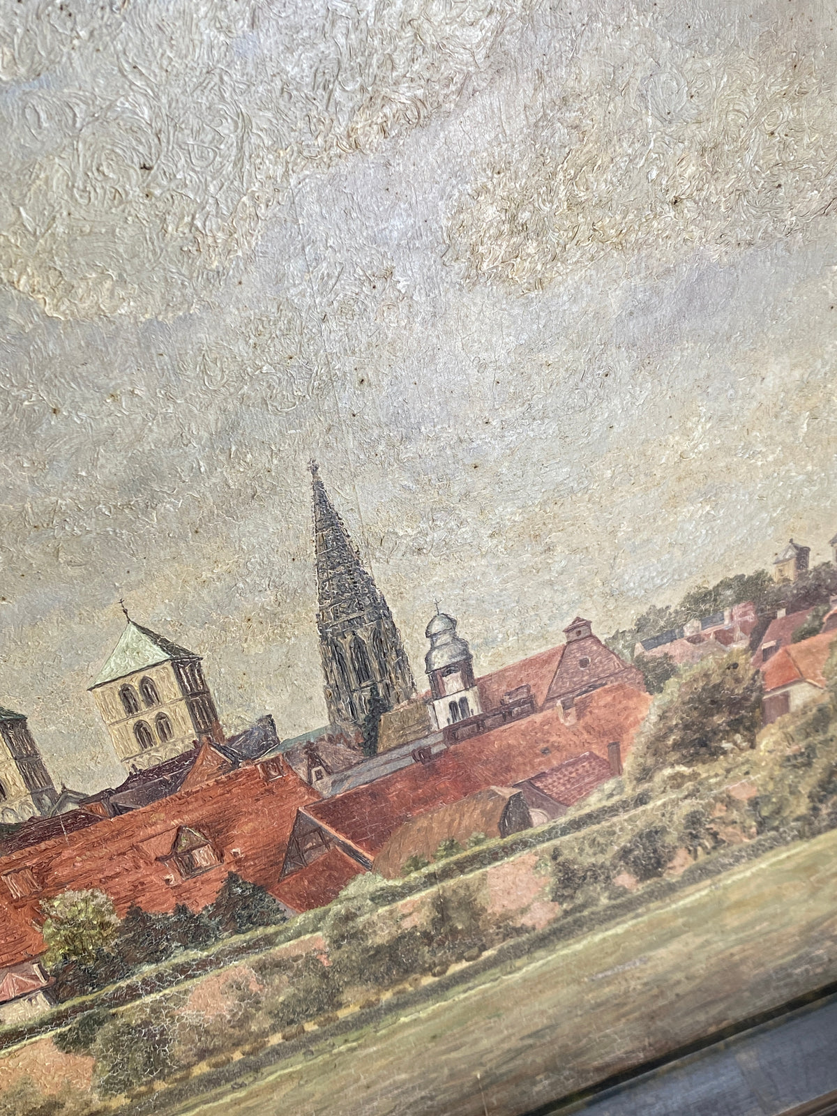 Signiertes Ölgemälde "Stadtansicht von Münster" auf Holztafel / Sperrholzplatte von unbekanntem Künstler, 1931
