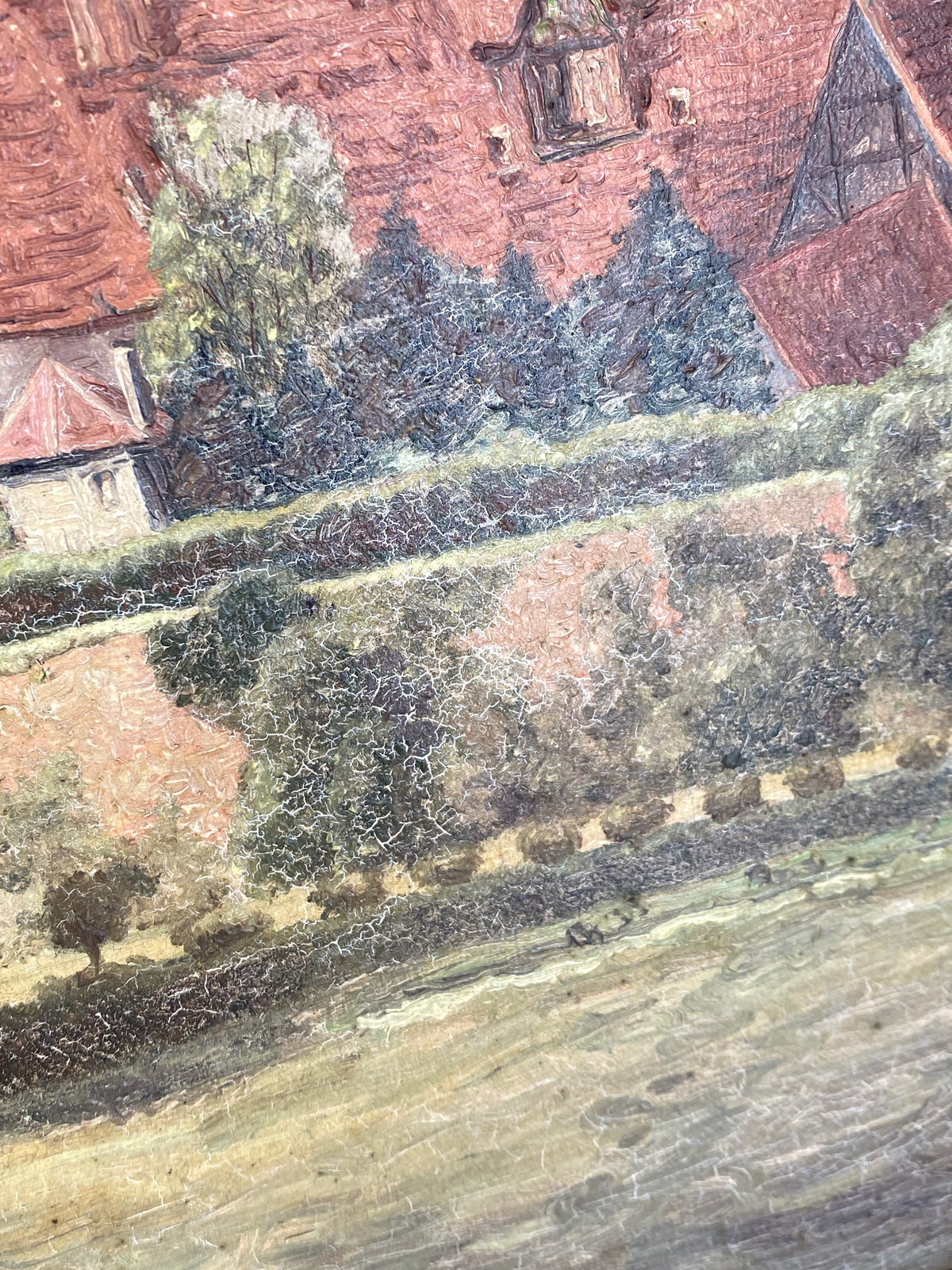 Signiertes Ölgemälde "Stadtansicht von Münster" auf Holztafel / Sperrholzplatte von unbekanntem Künstler, 1931