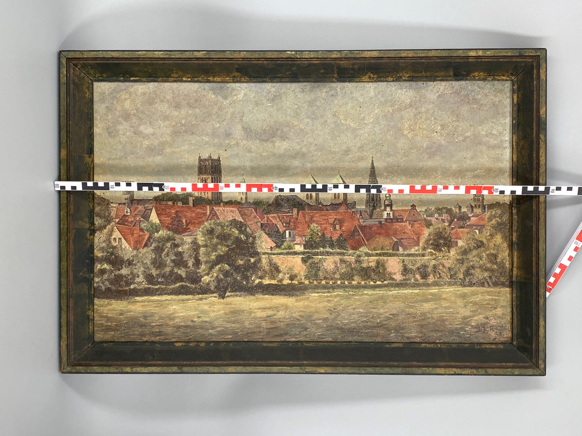 Signiertes Ölgemälde "Stadtansicht von Münster" auf Holztafel / Sperrholzplatte von unbekanntem Künstler, 1931