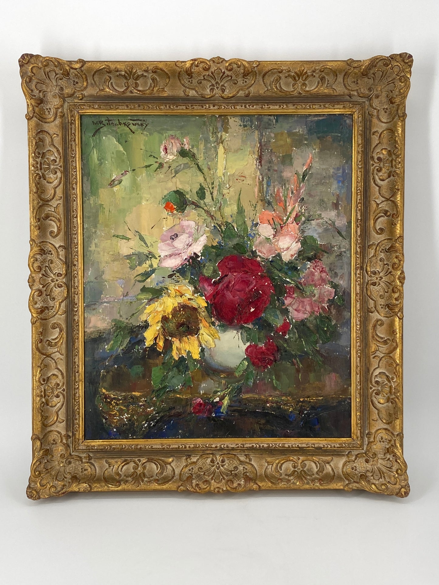 Farbenfrohes Blumenstillleben mit Rosen von Wladimir Bitschkowsky (1912–1974) auf Leinwand