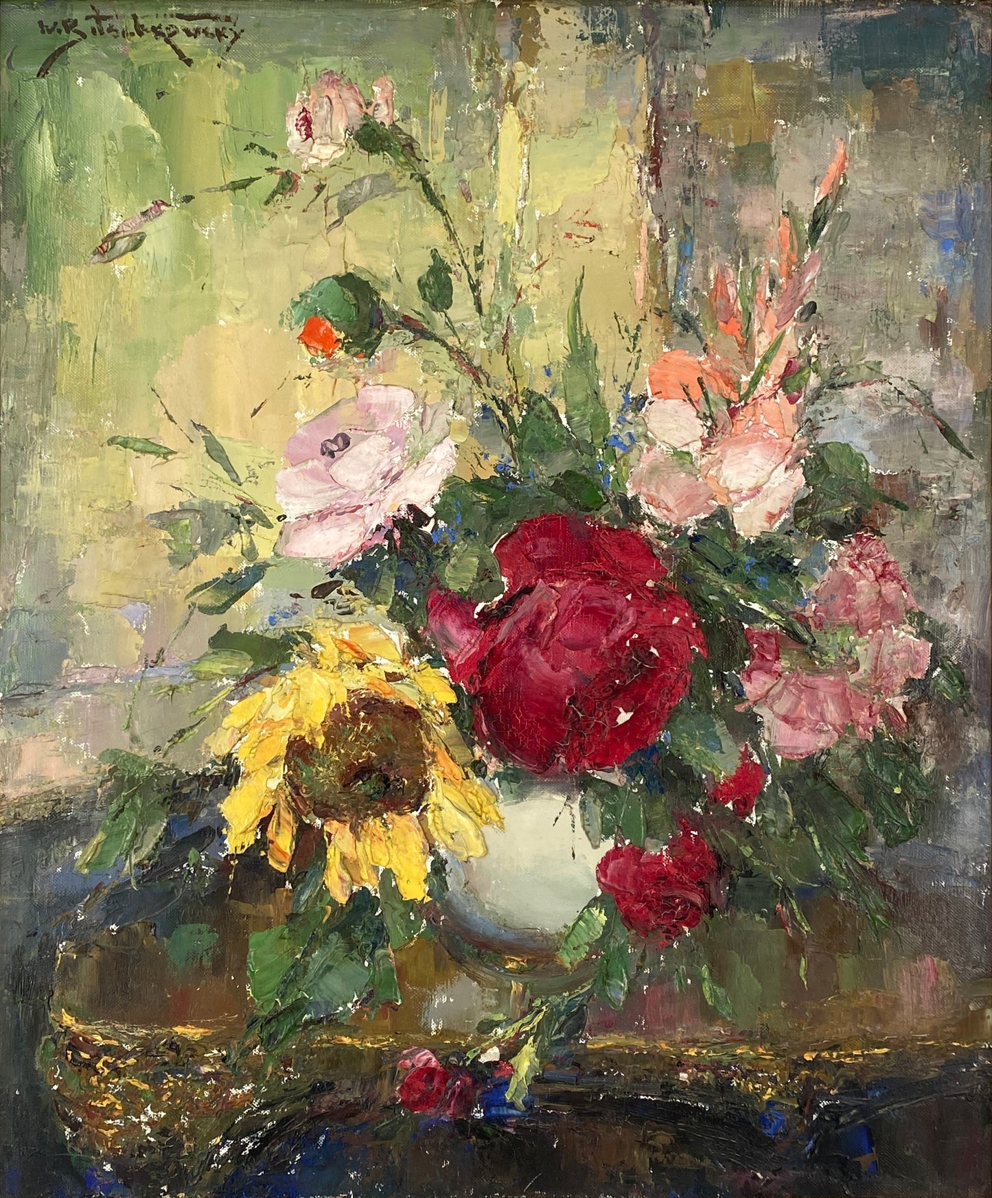 Farbenfrohes Blumenstillleben mit Rosen von Wladimir Bitschkowsky (1912–1974) auf Leinwand