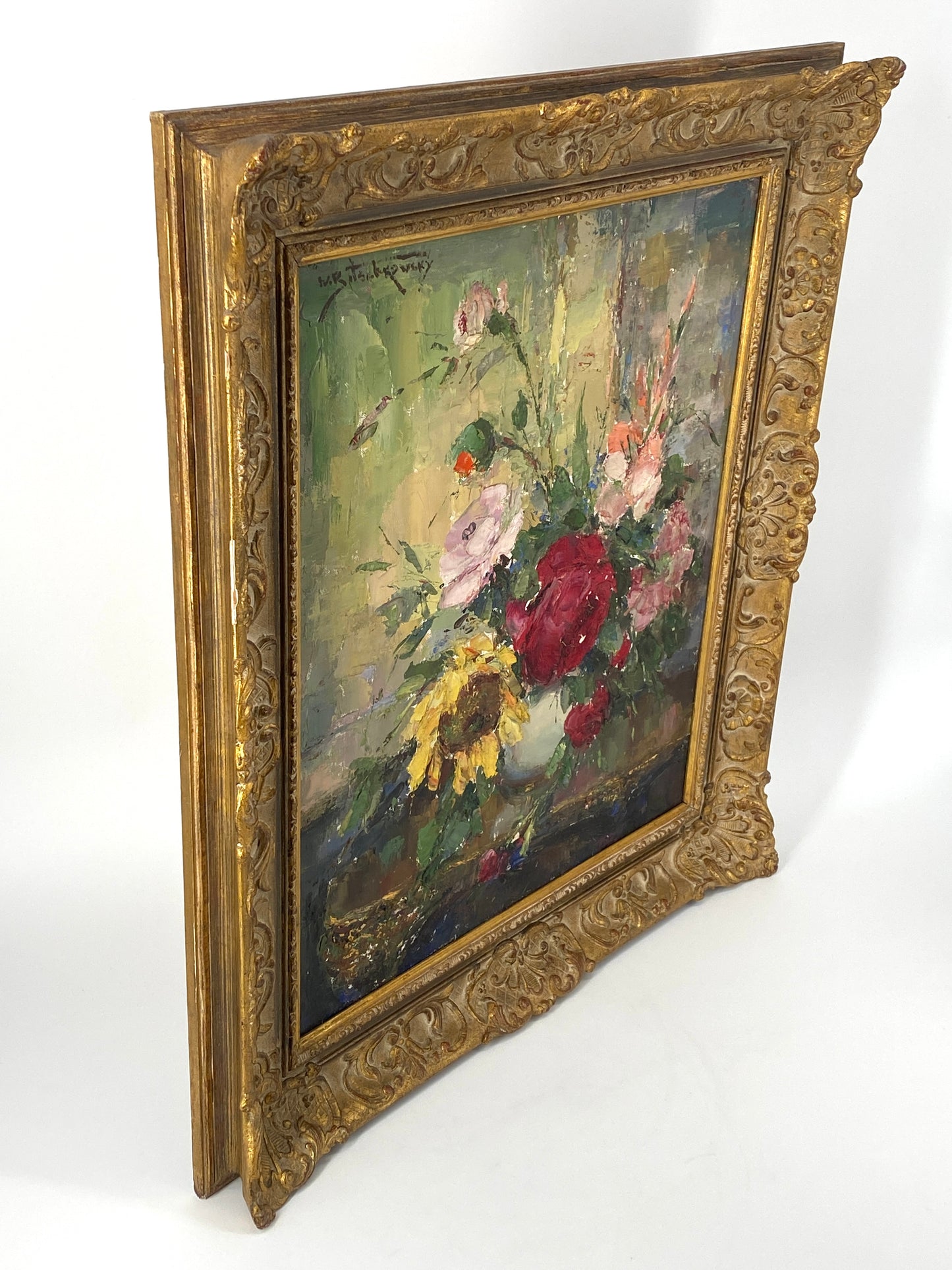 Farbenfrohes Blumenstillleben mit Rosen von Wladimir Bitschkowsky (1912–1974) auf Leinwand