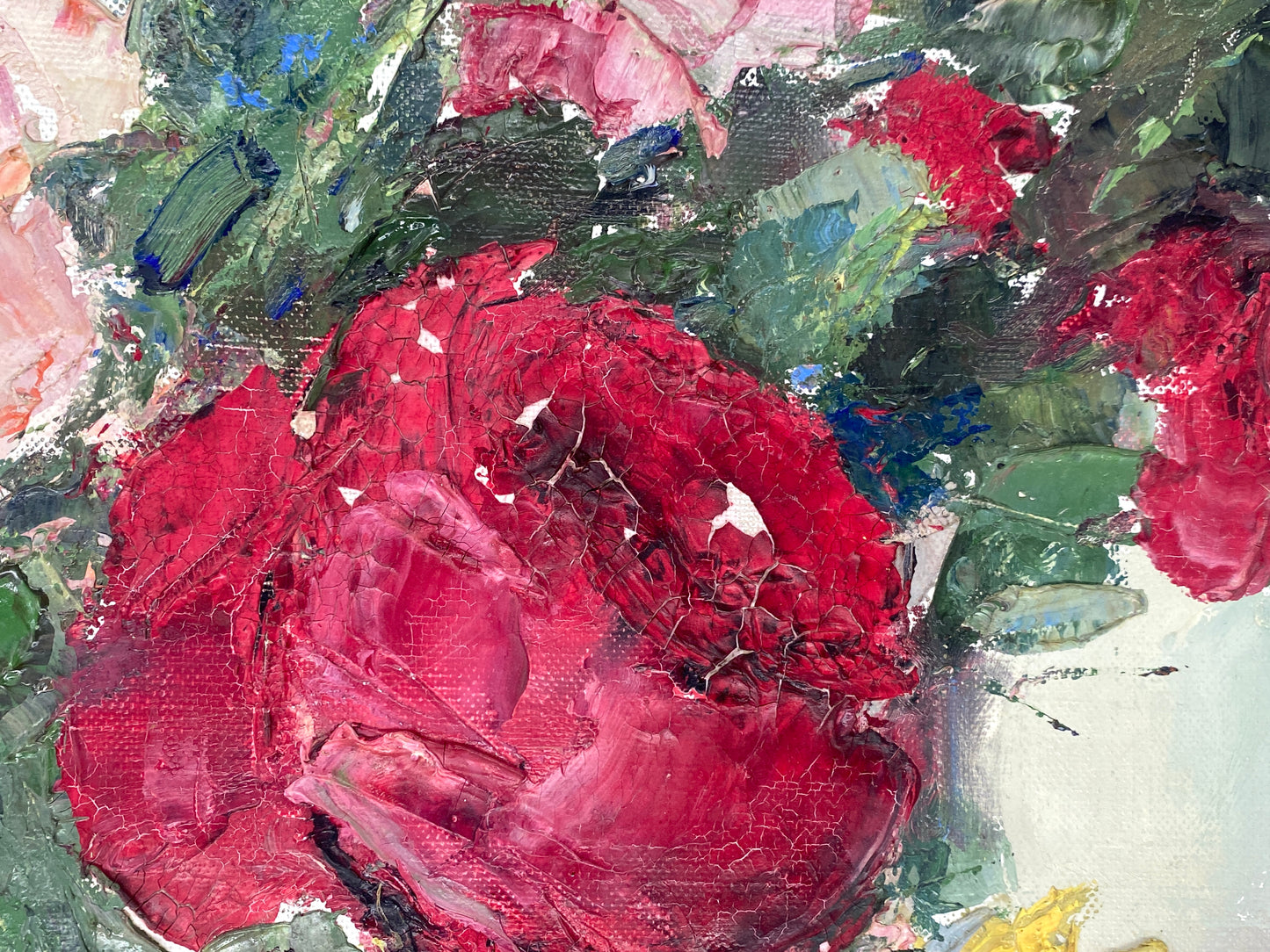 Farbenfrohes Blumenstillleben mit Rosen von Wladimir Bitschkowsky (1912–1974) auf Leinwand