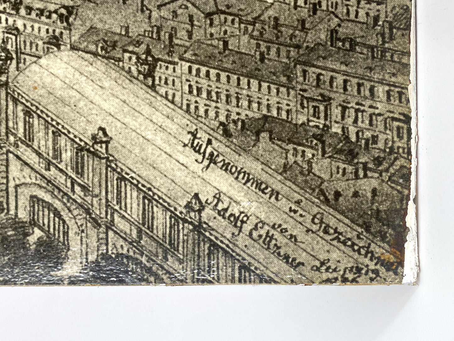 Alte Stadtansicht von Berlin, Vergrößerung der Zeichnung von Adolf Eltzner (1816–1891) auf Holzfaserplatte kaschiert