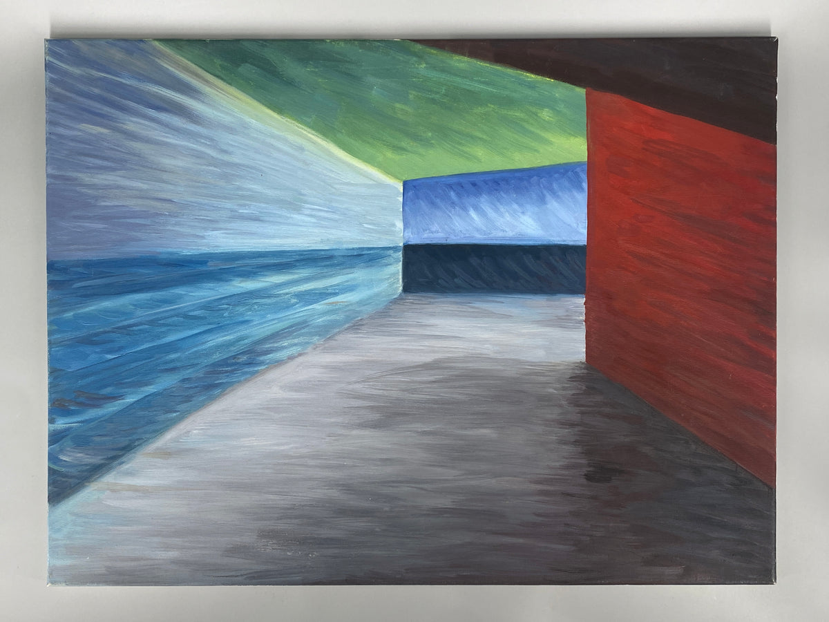 Acrylgemälde "leerer Raum mit bunten Wänden in Seitenlicht" auf Leinwand