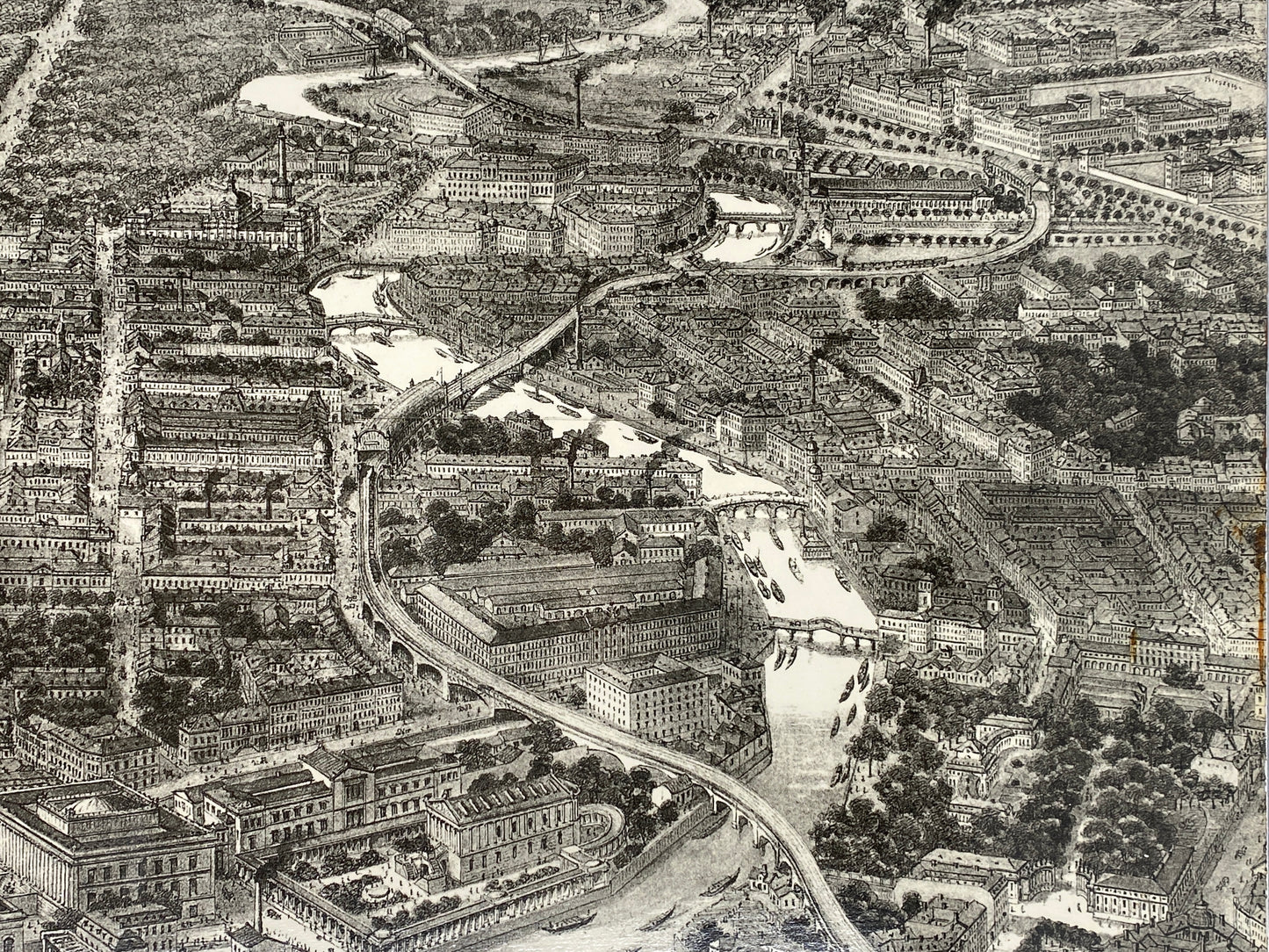 Alte Stadtansicht von Berlin, Vergrößerung der Zeichnung von Adolf Eltzner (1816–1891) auf Holzfaserplatte kaschiert