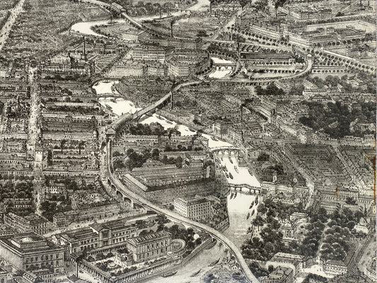 Alte Stadtansicht von Berlin, Vergrößerung der Zeichnung von Adolf Eltzner (1816–1891) auf Holzfaserplatte kaschiert