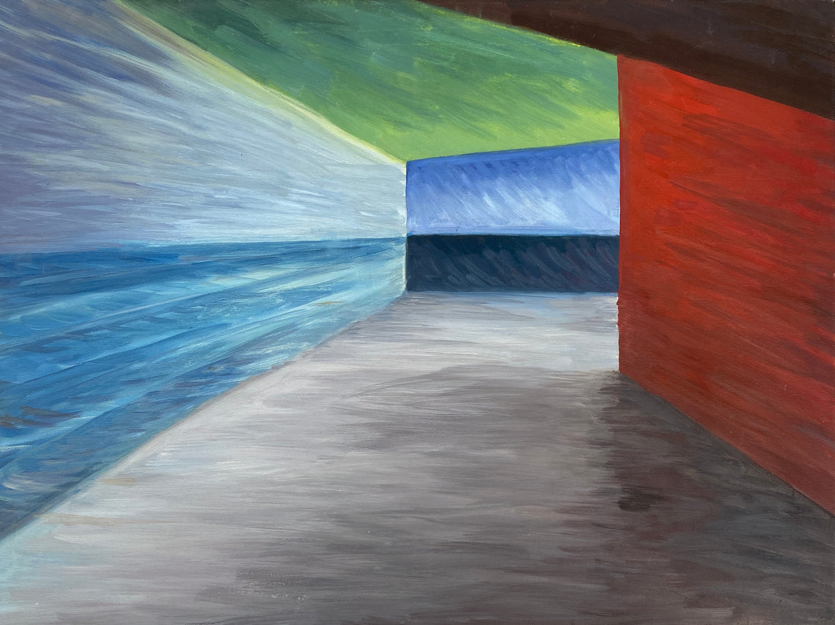 Acrylgemälde "leerer Raum mit bunten Wänden in Seitenlicht" auf Leinwand