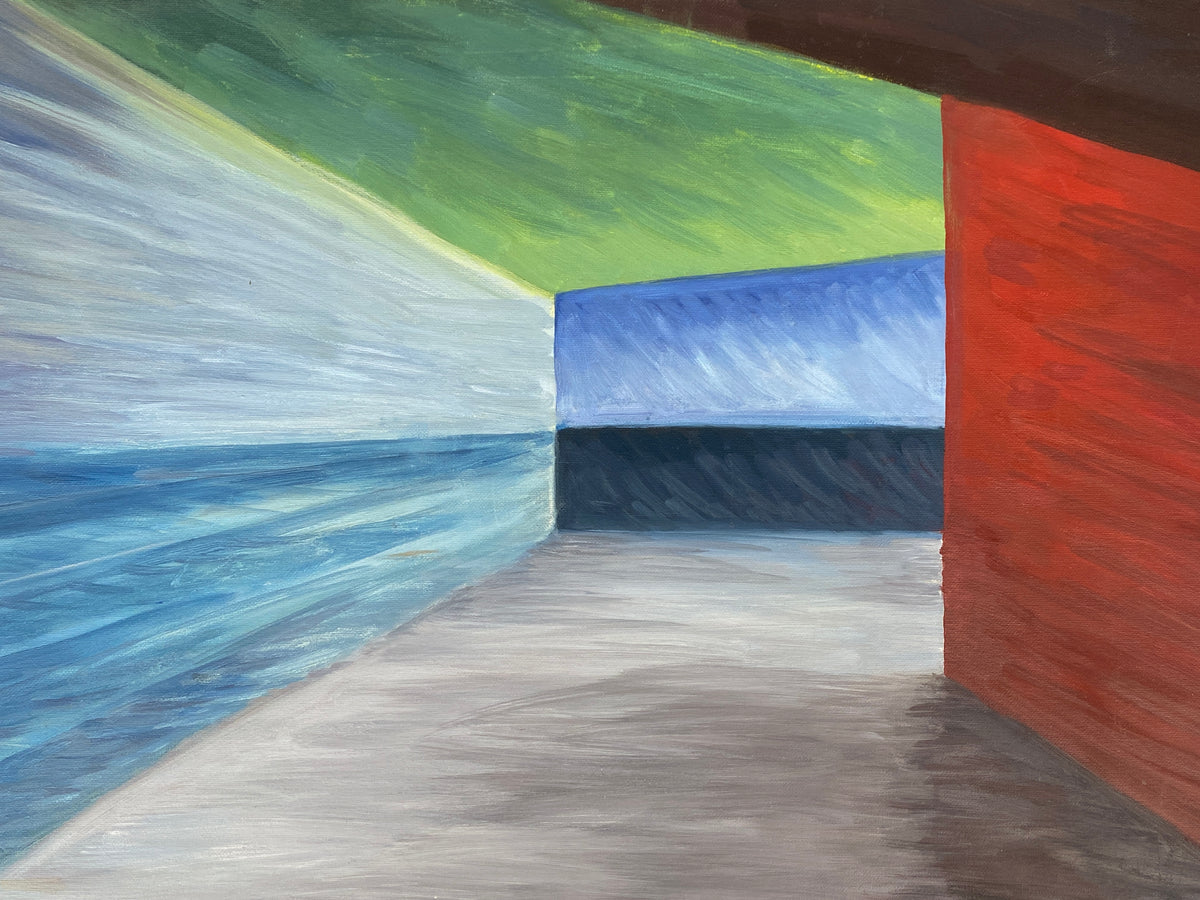 Acrylgemälde "leerer Raum mit bunten Wänden in Seitenlicht" auf Leinwand