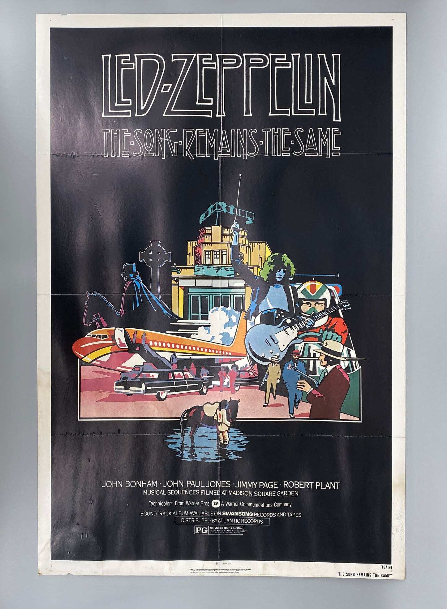 Filmplakat aus den Vereinigten Staaten zum Konzertfilm "The Song Remains the Same" von Led Zeppelin aus dem Jahr 1976, Offset-Lithografie auf Karton kaschiert