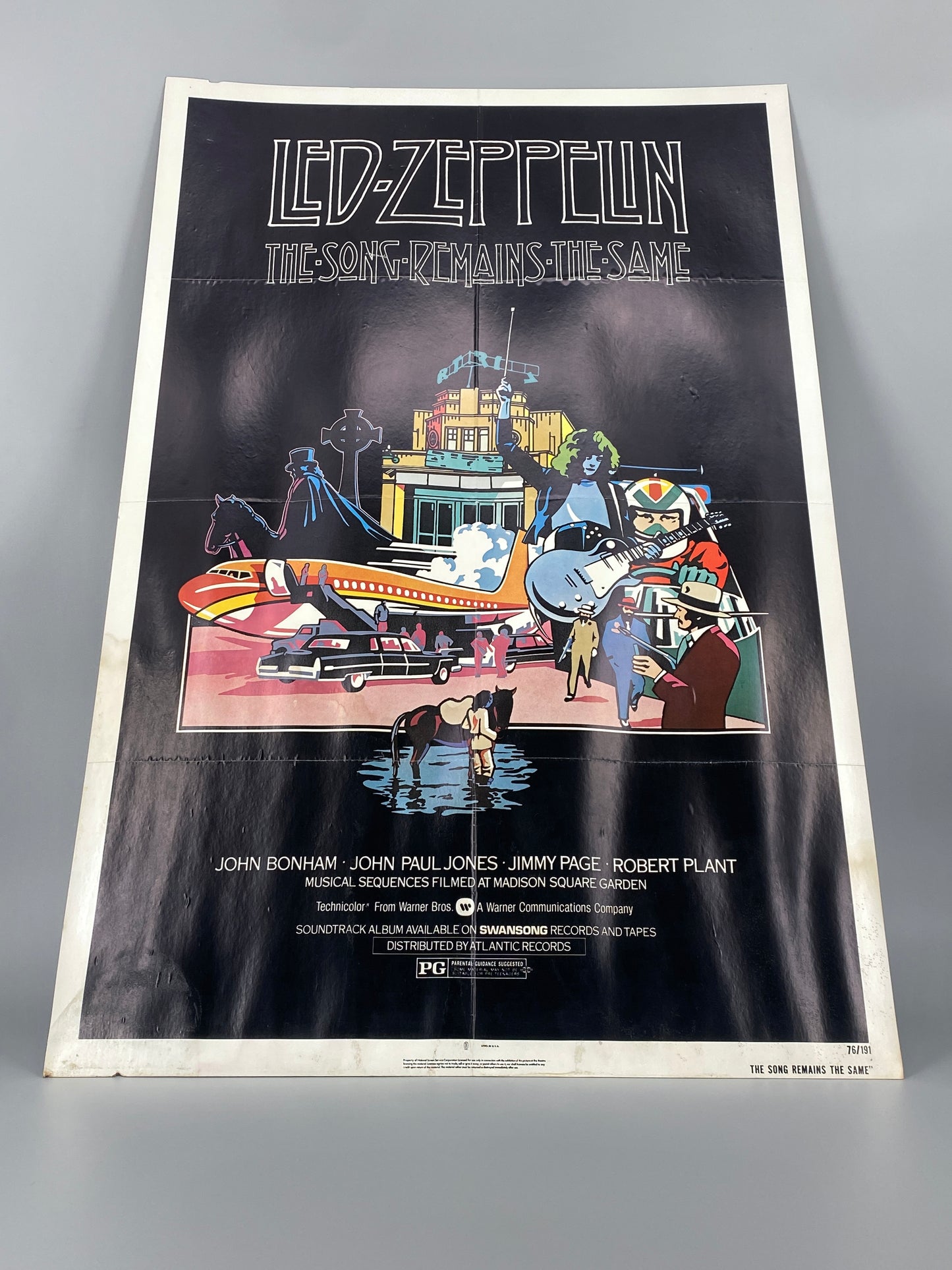 Filmplakat aus den Vereinigten Staaten zum Konzertfilm "The Song Remains the Same" von Led Zeppelin aus dem Jahr 1976, Offset-Lithografie auf Karton kaschiert