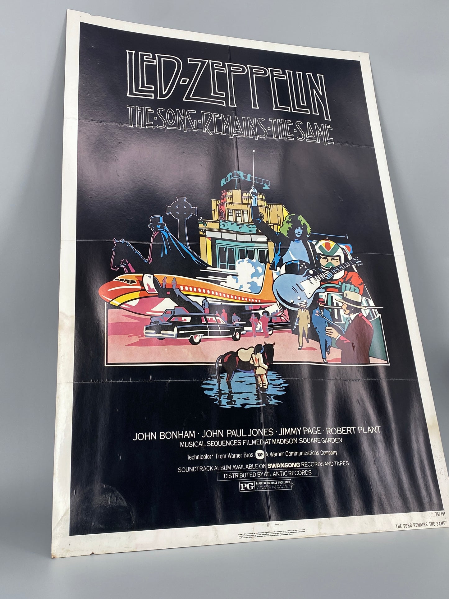 Filmplakat aus den Vereinigten Staaten zum Konzertfilm "The Song Remains the Same" von Led Zeppelin aus dem Jahr 1976, Offset-Lithografie auf Karton kaschiert