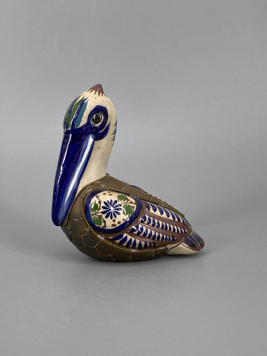Pelikan Figur aus Keramik und Messing, Mexiko