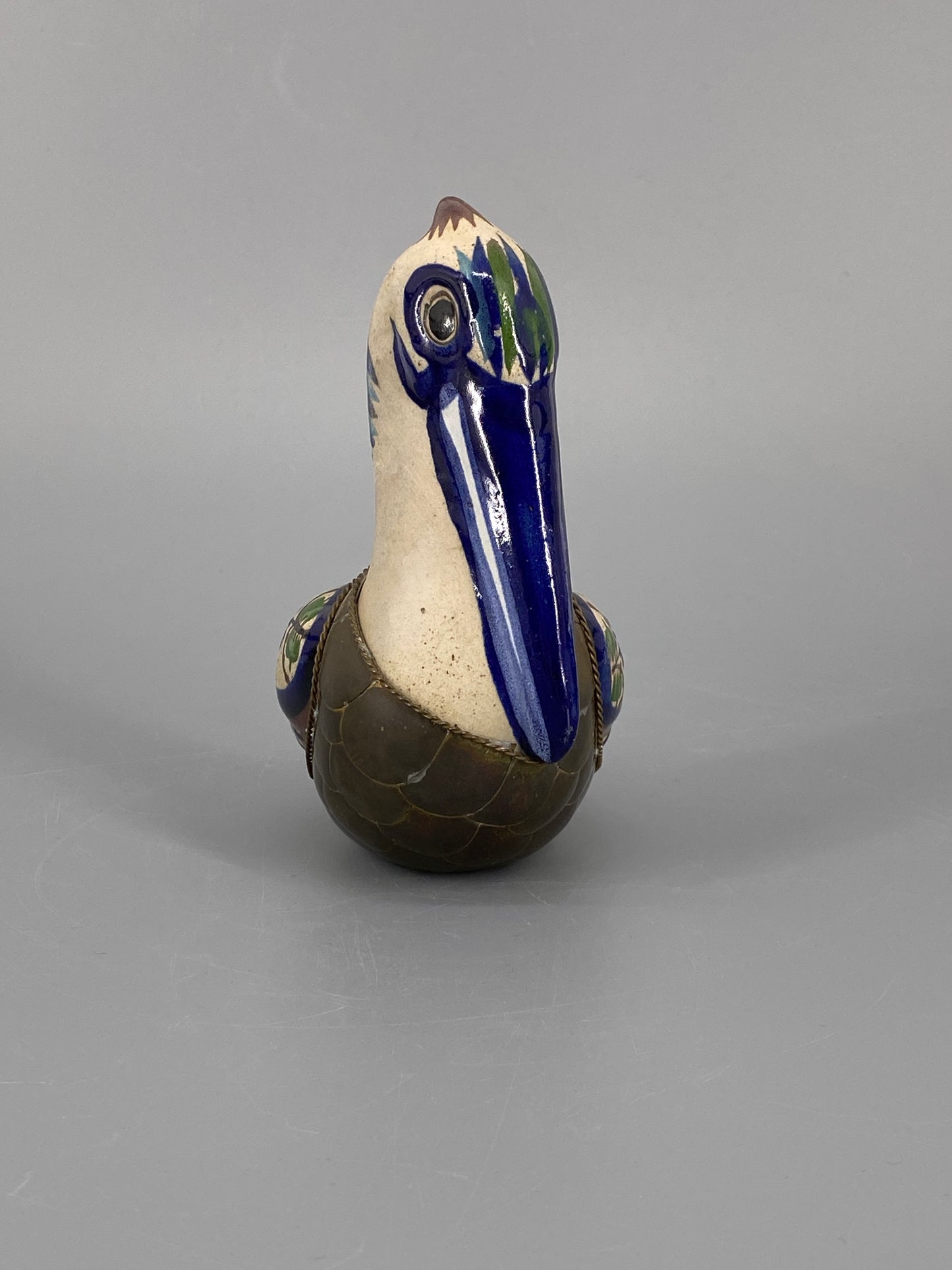 Pelikan Figur aus Keramik und Messing, Mexiko