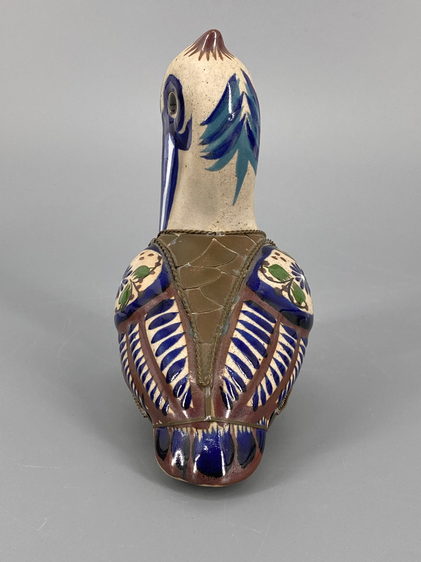 Pelikan Figur aus Keramik und Messing, Mexiko