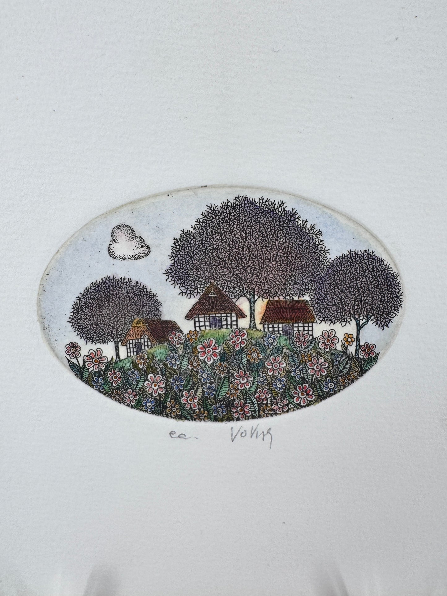 Illustrative Landszene. Miniatur, Kolorierte Radierung