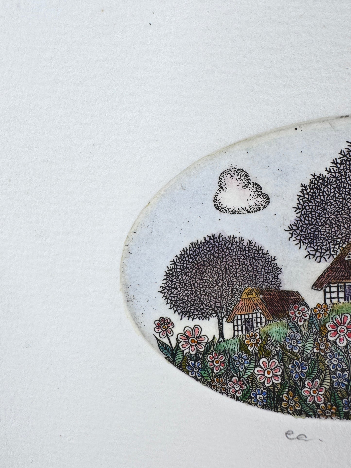 Illustrative Landszene. Miniatur, Kolorierte Radierung