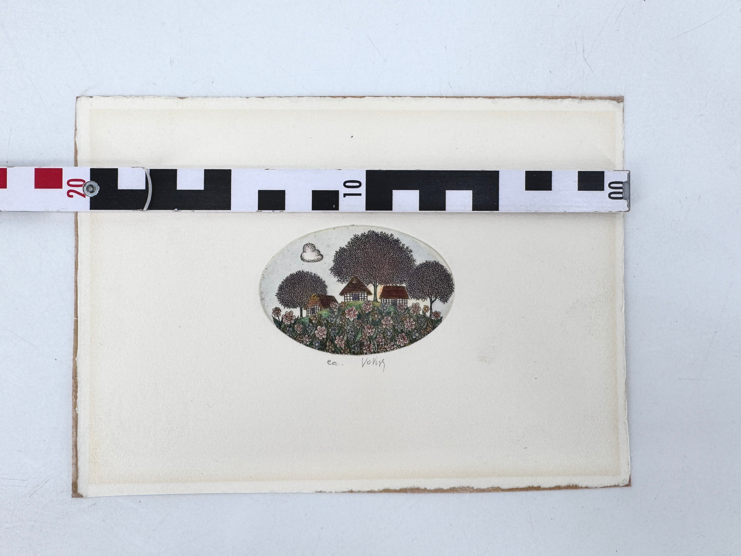 Illustrative Landszene. Miniatur, Kolorierte Radierung