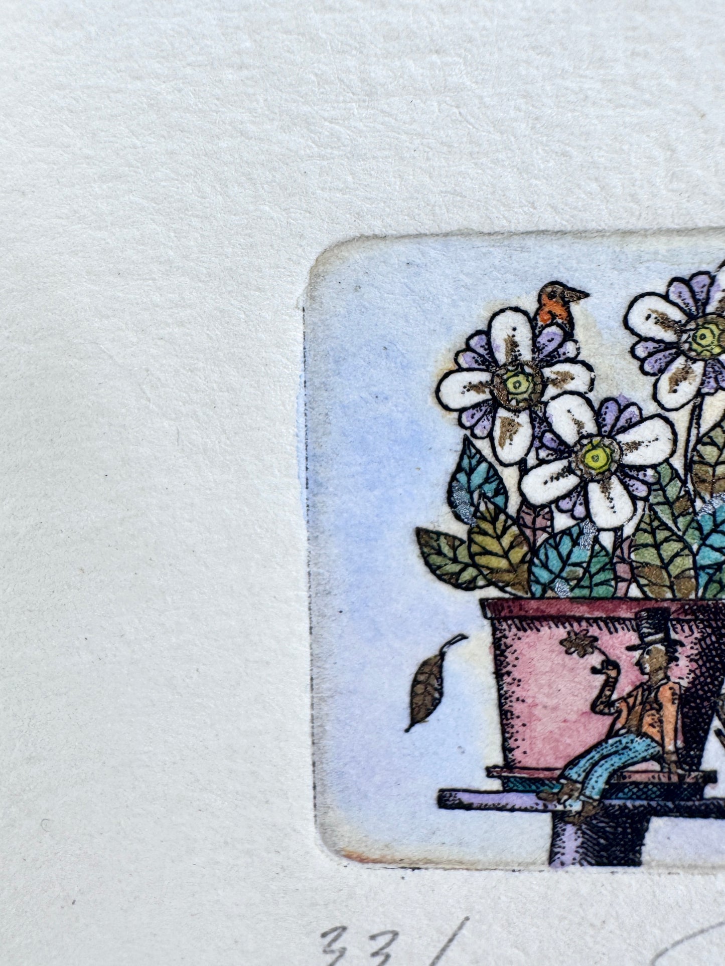 Blumentopf mit kleinem Mann in Hut. Radierung, Koloriert
