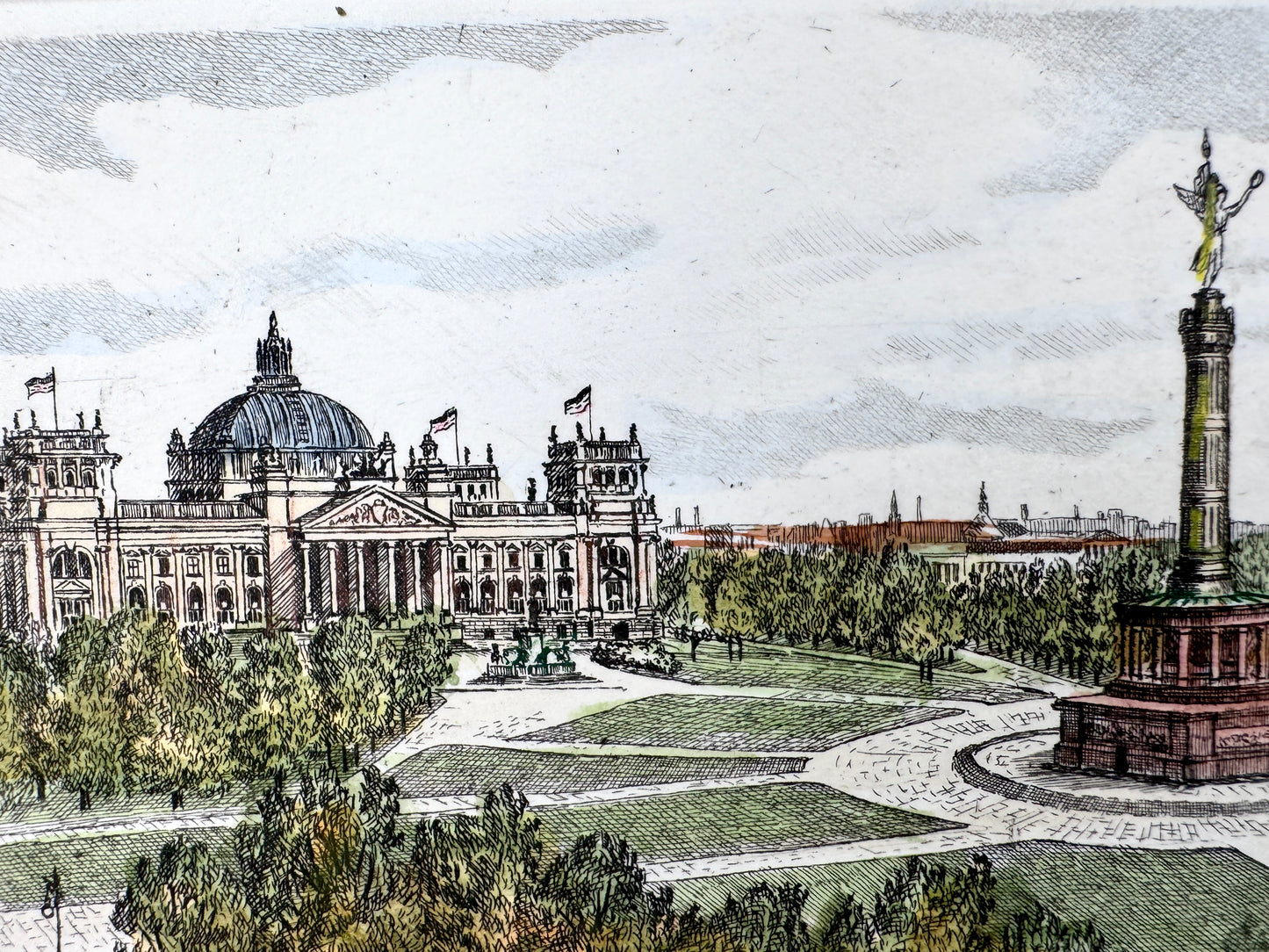 Berlin, Reichstags mit Siegessäule. Radierung von König