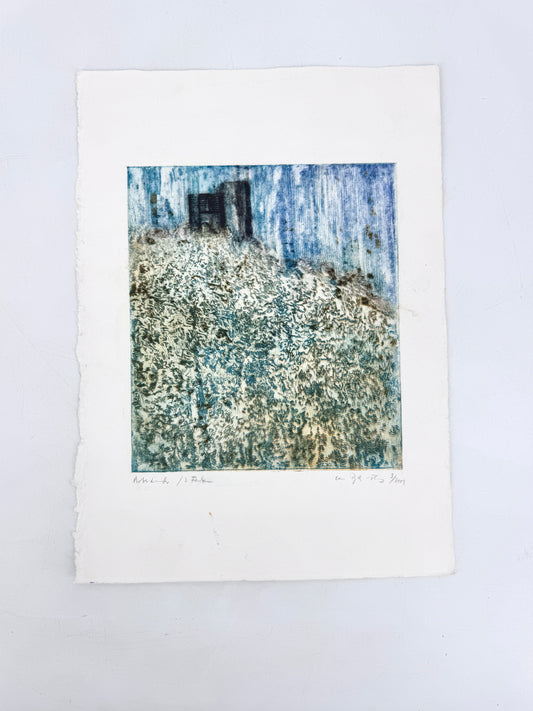 Moderne Landschaft mit Ruine. Grafik, Probedruck