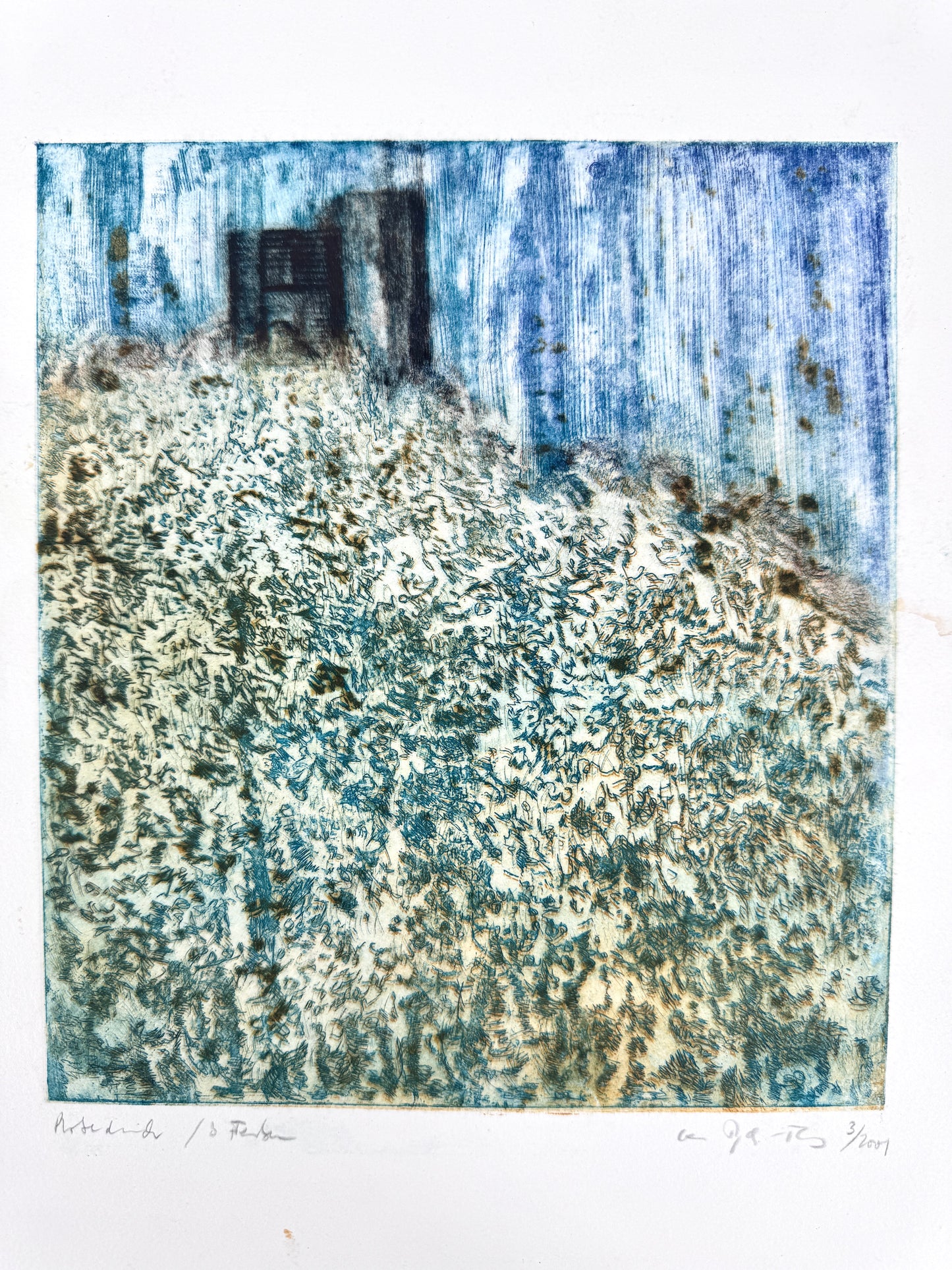 Moderne Landschaft mit Ruine. Grafik, Probedruck
