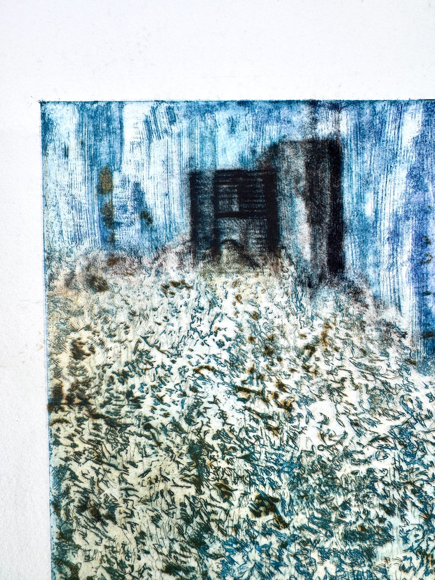 Moderne Landschaft mit Ruine. Grafik, Probedruck