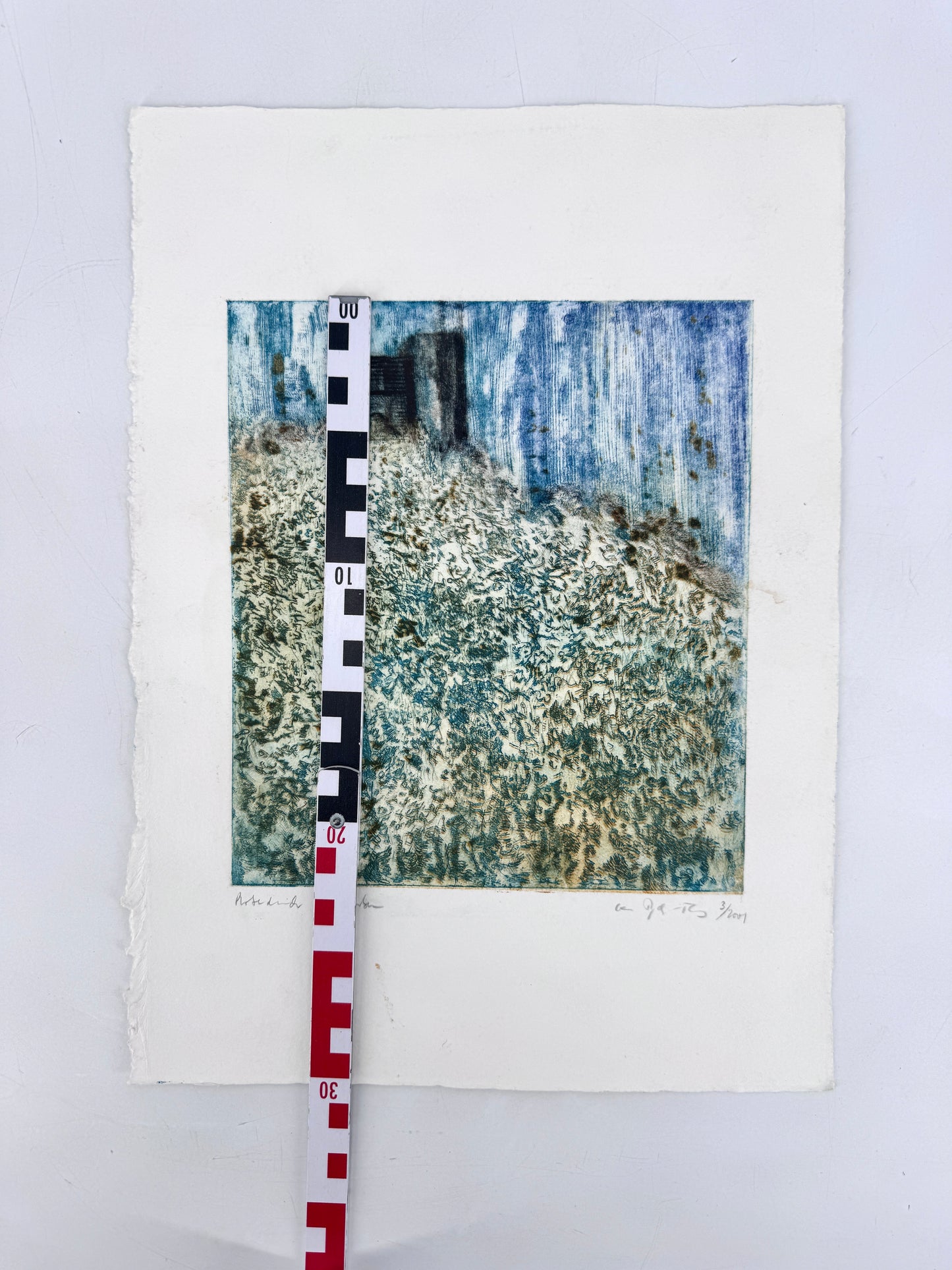 Moderne Landschaft mit Ruine. Grafik, Probedruck
