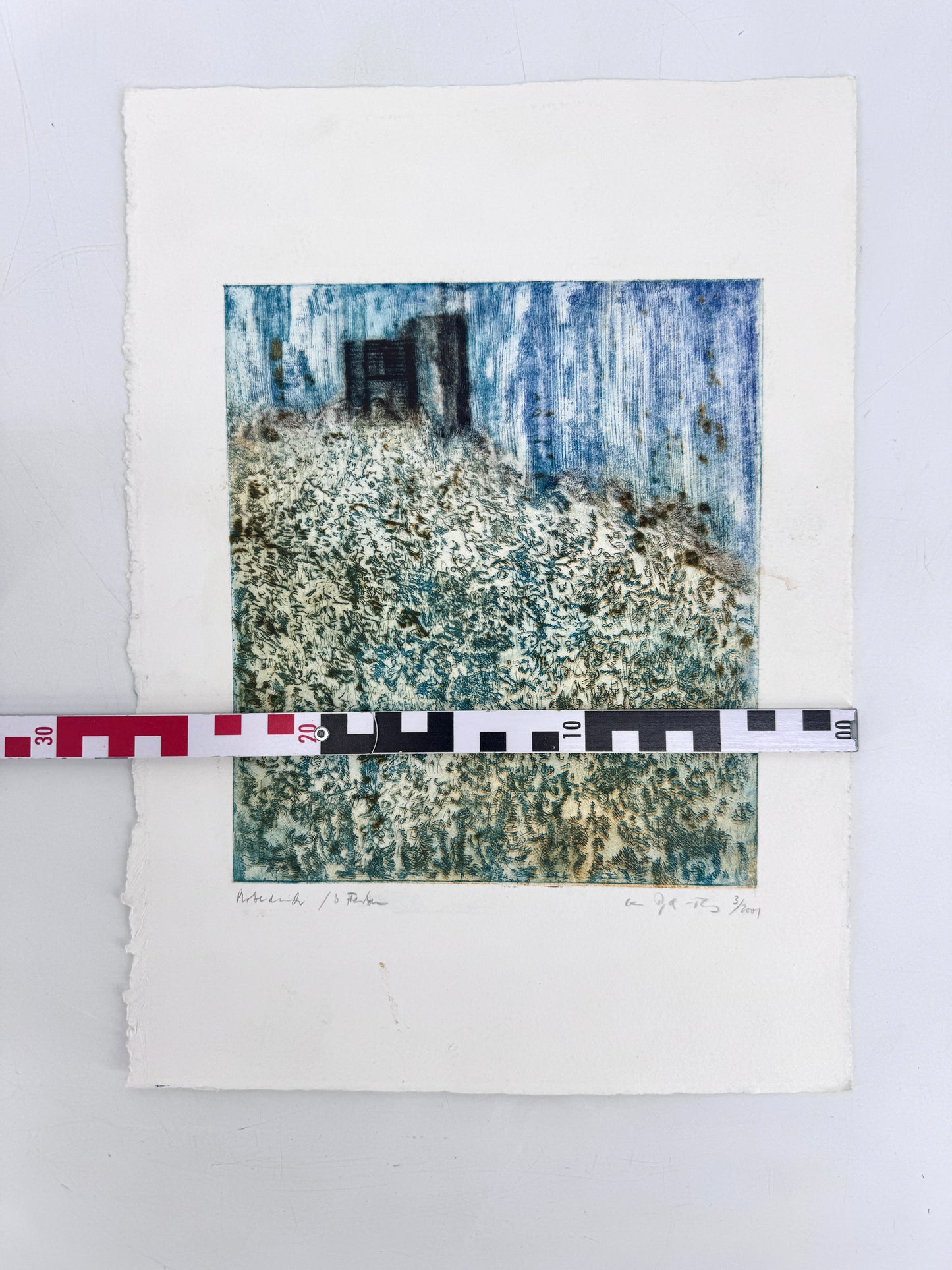 Moderne Landschaft mit Ruine. Grafik, Probedruck