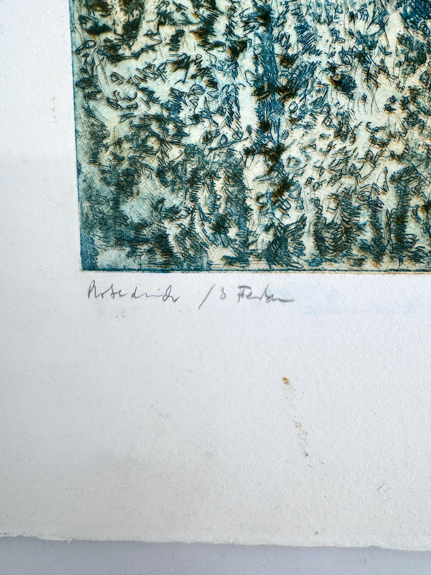Moderne Landschaft mit Ruine. Grafik, Probedruck