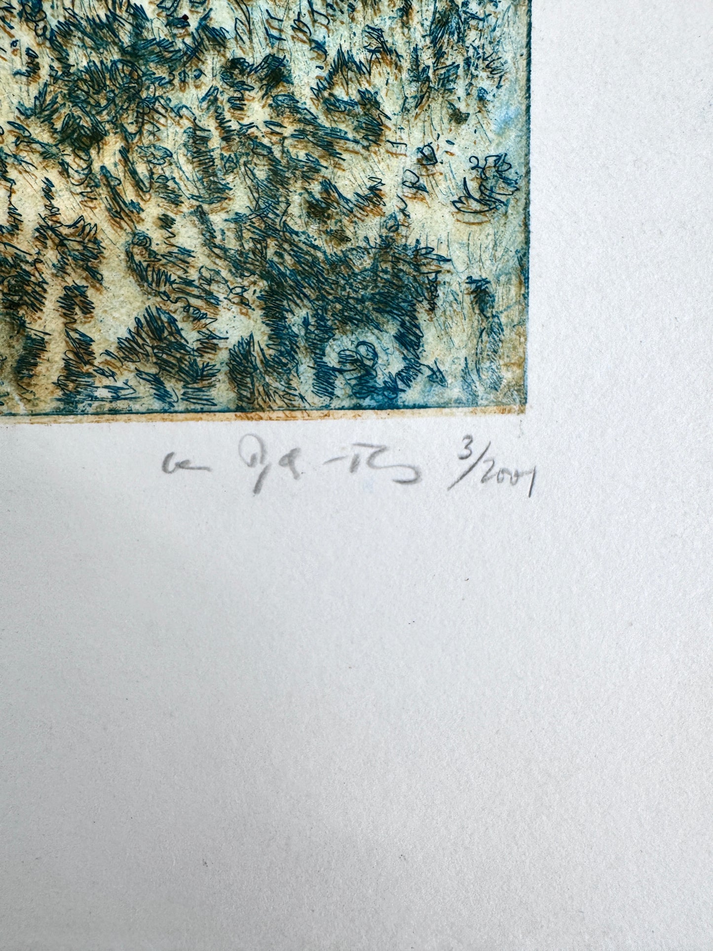 Moderne Landschaft mit Ruine. Grafik, Probedruck