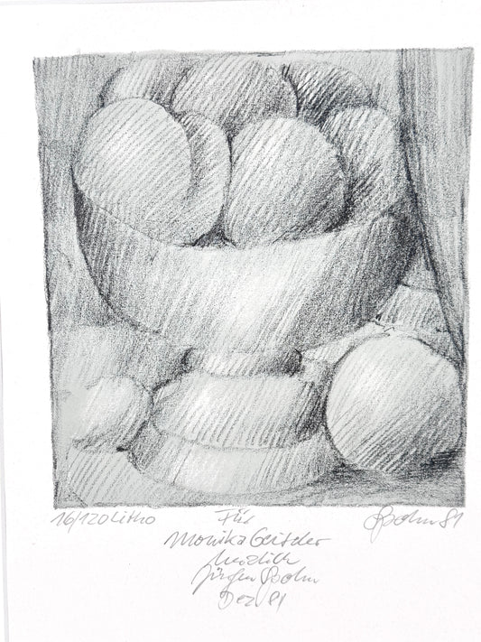 Obstkorb, modern. Litografie in hochwertiger Rahmung
