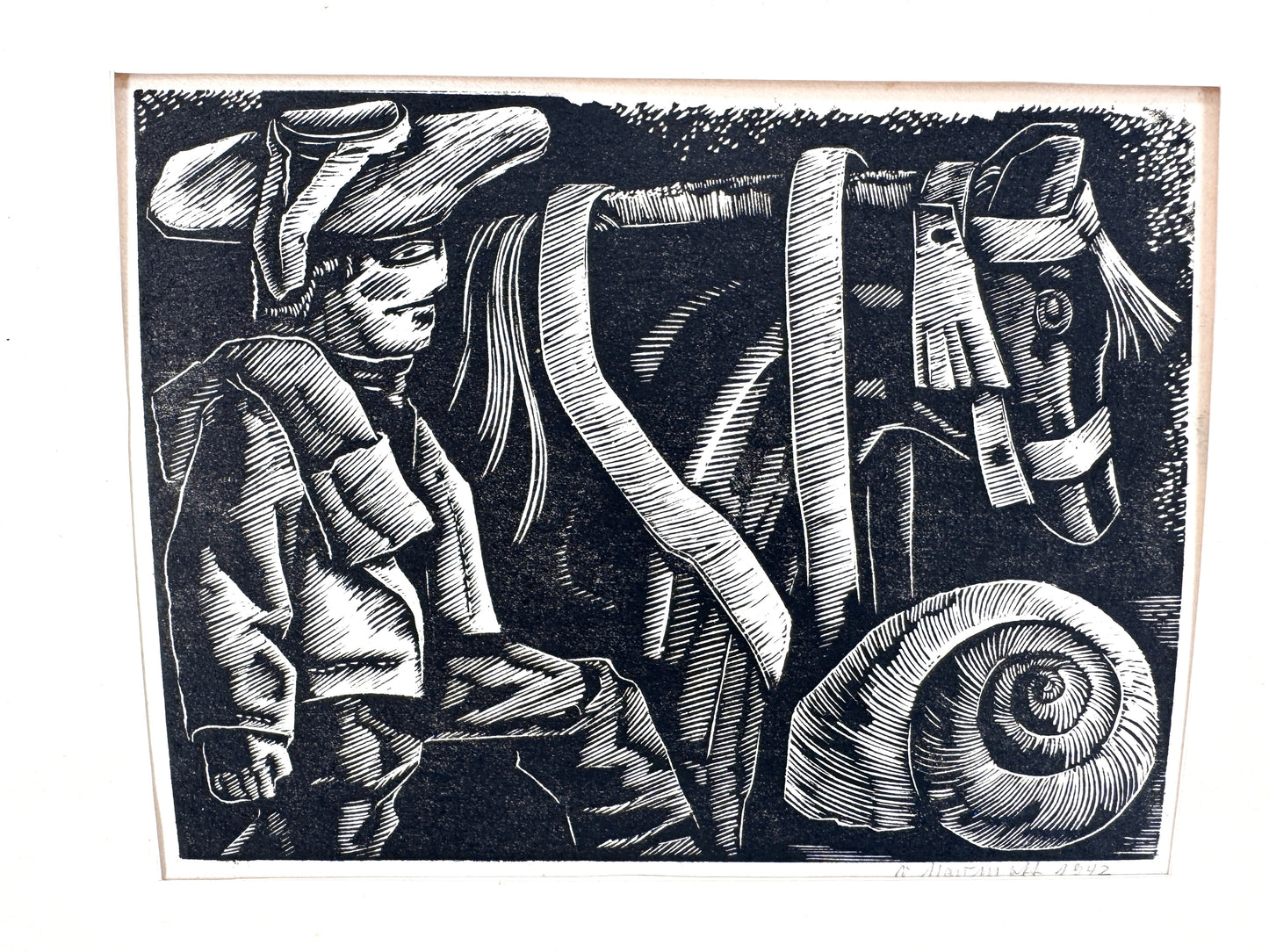 Holzschnitt, Expressionistisch. Bauer mit Vieh.