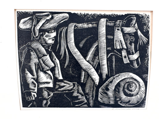 Holzschnitt, Expressionistisch. Bauer mit Vieh.