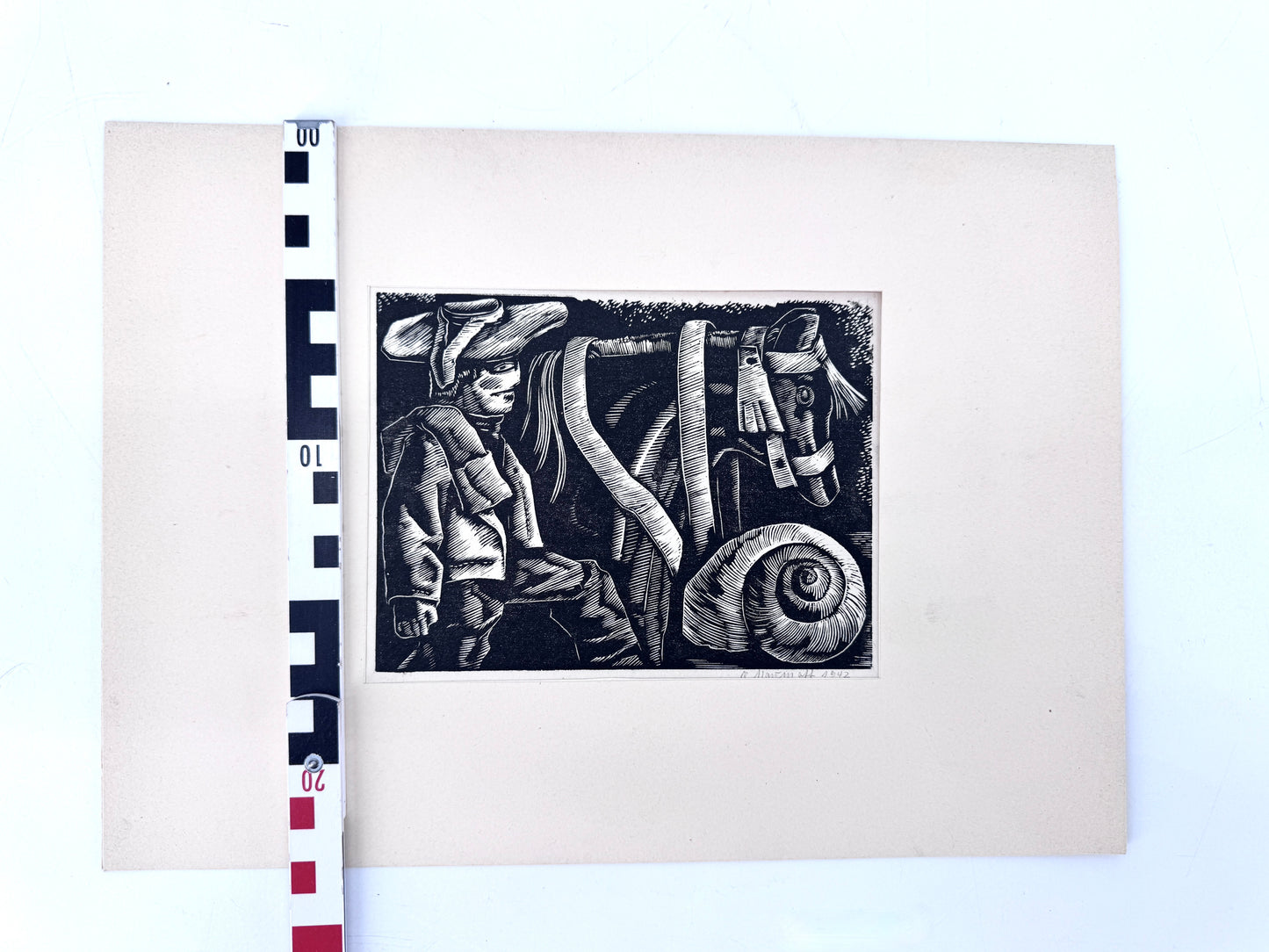 Holzschnitt, Expressionistisch. Bauer mit Vieh.