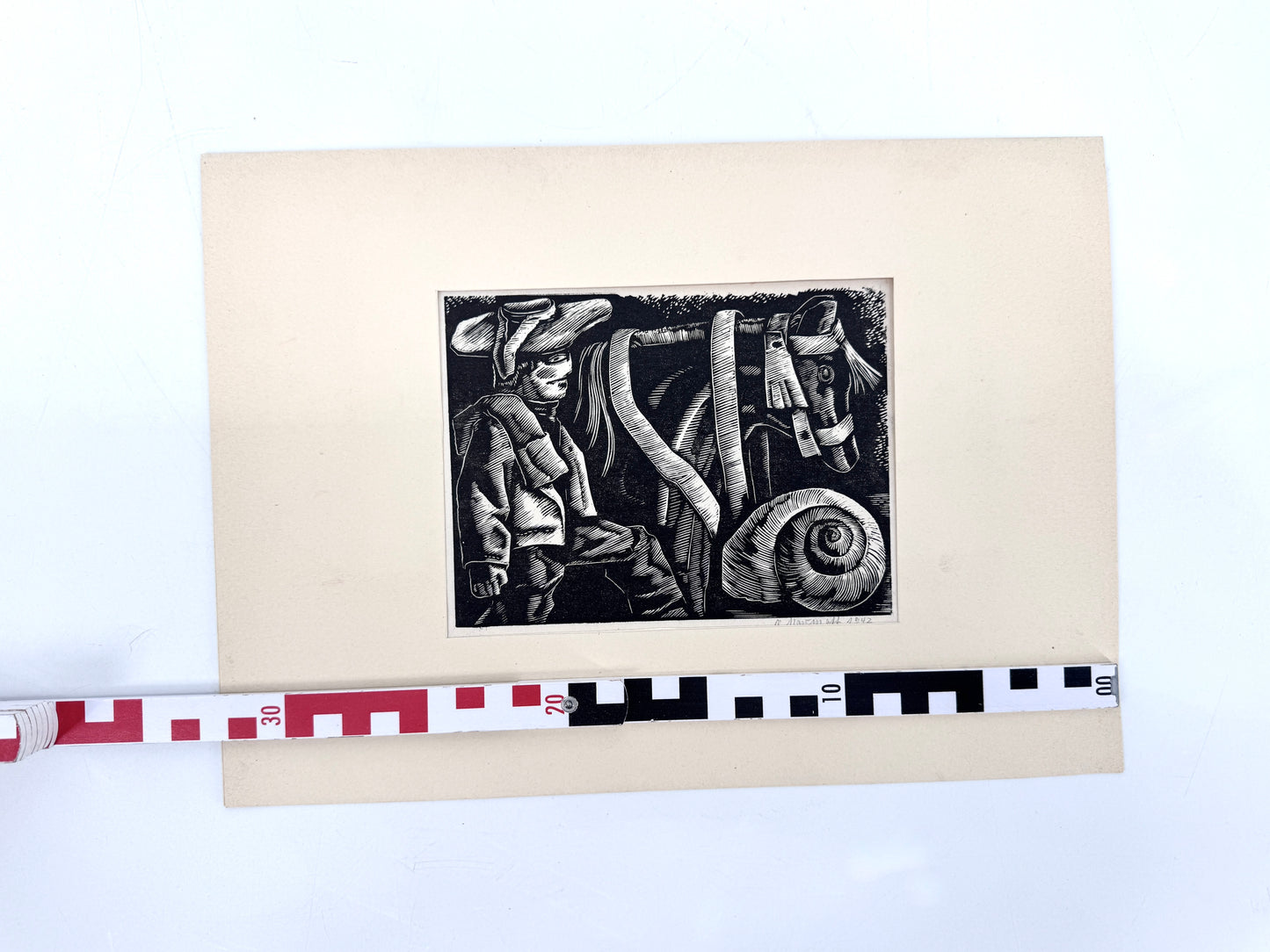 Holzschnitt, Expressionistisch. Bauer mit Vieh.