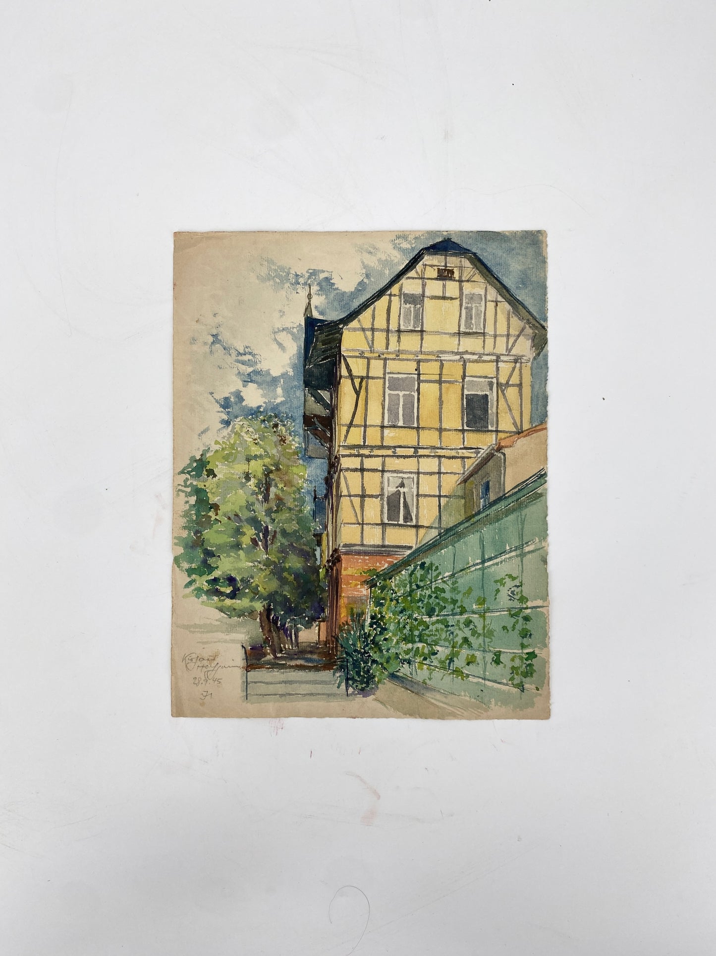 Das zitronengelbe Fachwerkhaus - Aquarell, datiert 45