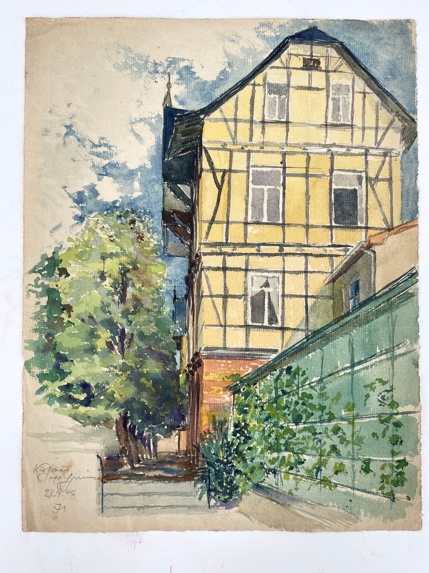 Das zitronengelbe Fachwerkhaus - Aquarell, datiert 45