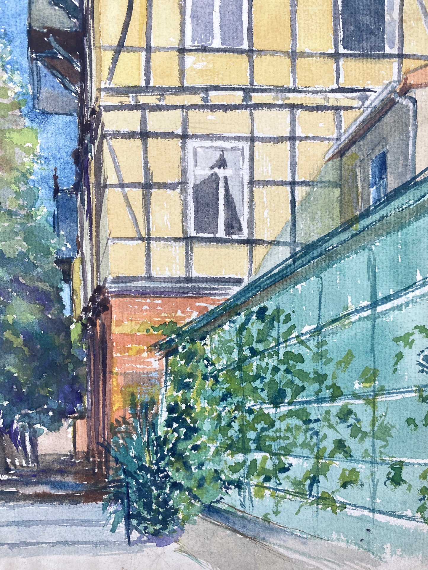 Das zitronengelbe Fachwerkhaus - Aquarell, datiert 45