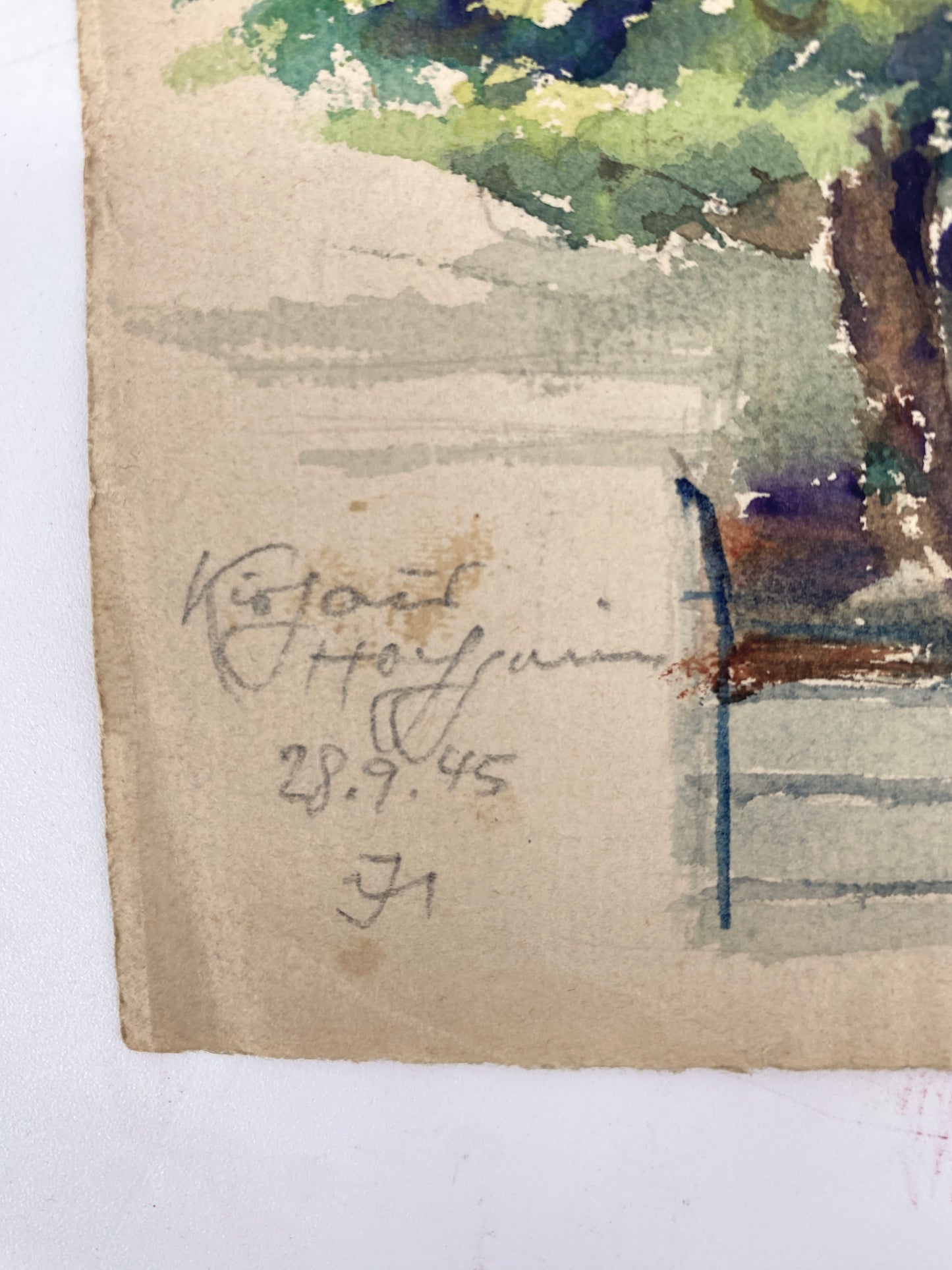 Das zitronengelbe Fachwerkhaus - Aquarell, datiert 45